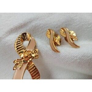 Avon Breast Cancer Awareness Pin Earring Set Rose Pink Ribbon Vintage Gold Tone